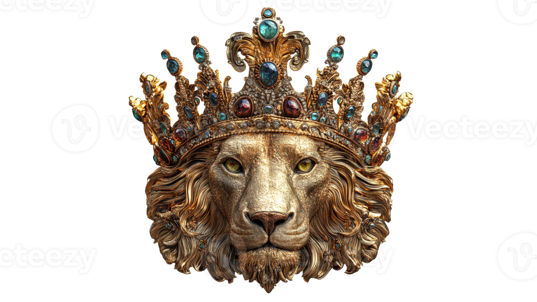 Lion head sculpture adorned with ornate crown png