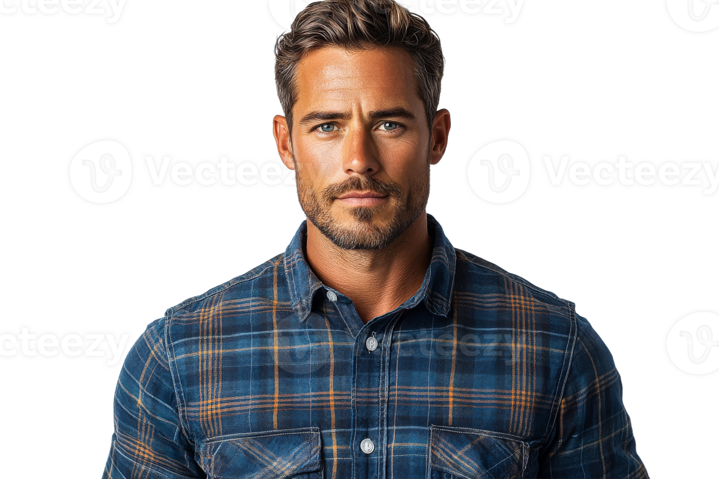 Young man in flannel shirt poses confidently png