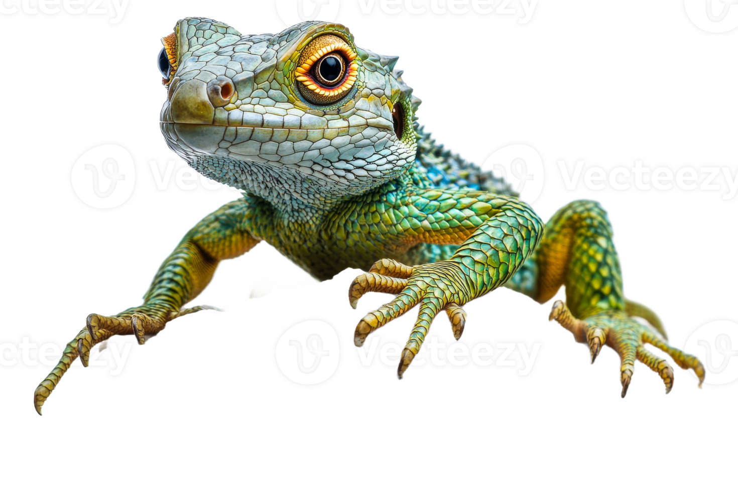 Bright green lizard climbing on a rock surface png