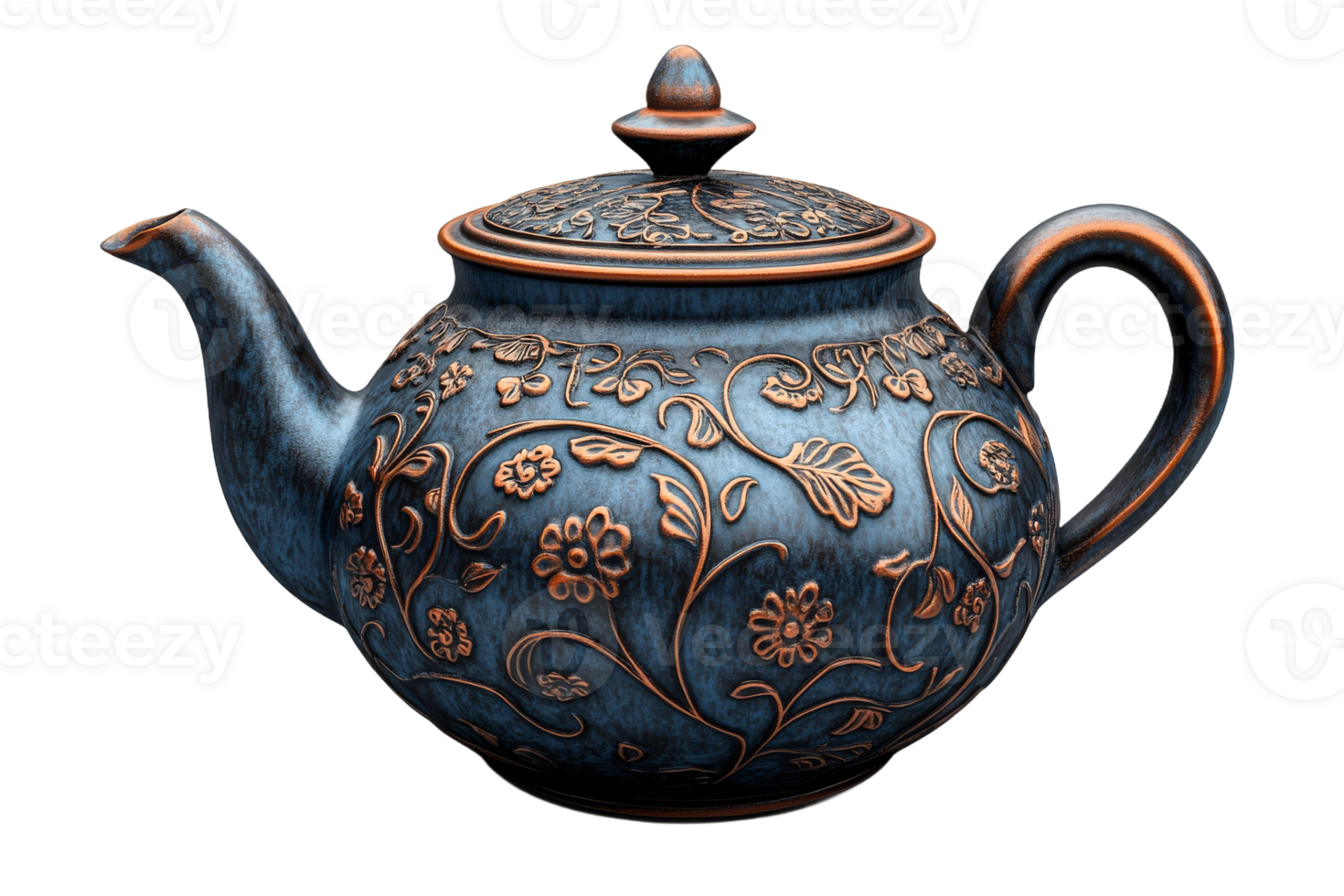 Elegant blue teapot with floral design and lid png