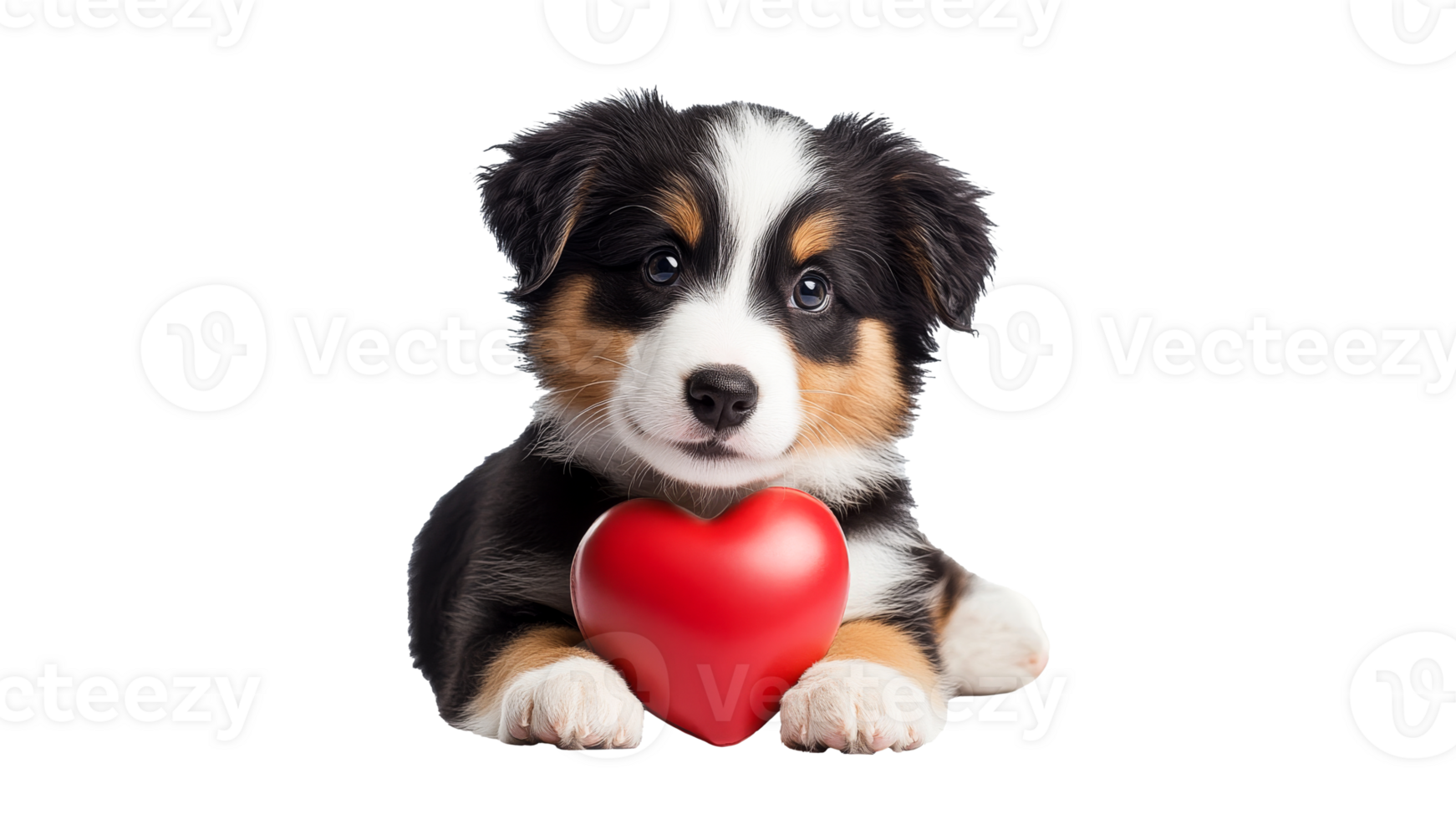 Cute puppy poses with a red heart toy png