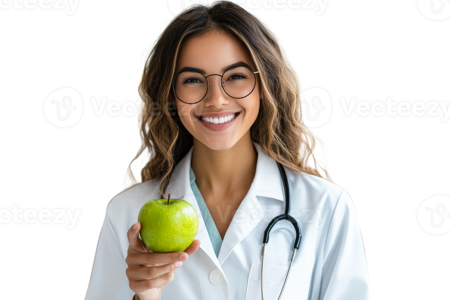 Smiling health professional shows green apple png