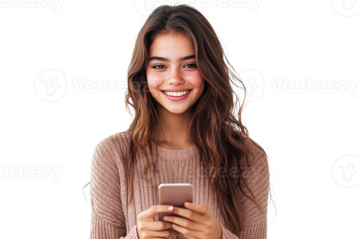 Young woman smiling while using smartphone png