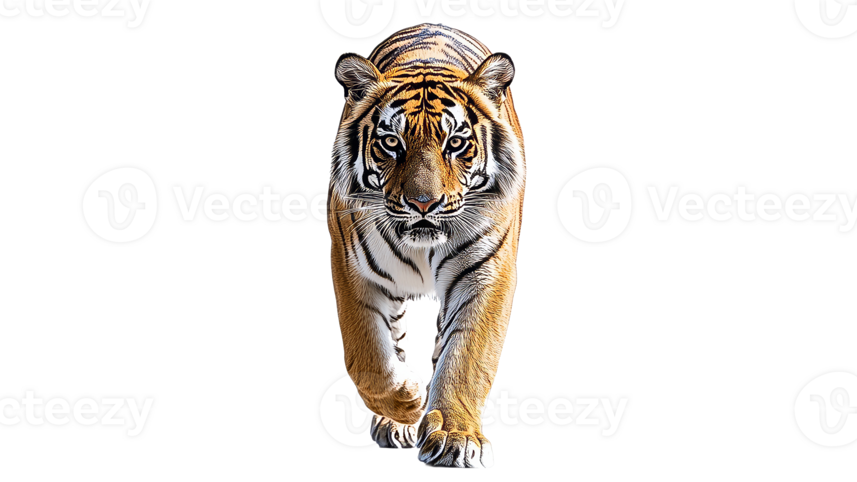 Determined tiger strides toward viewer png
