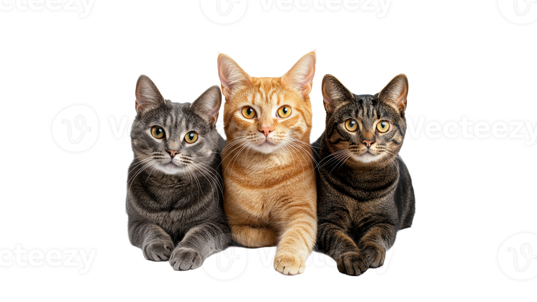 Three cats resting together on a white background png