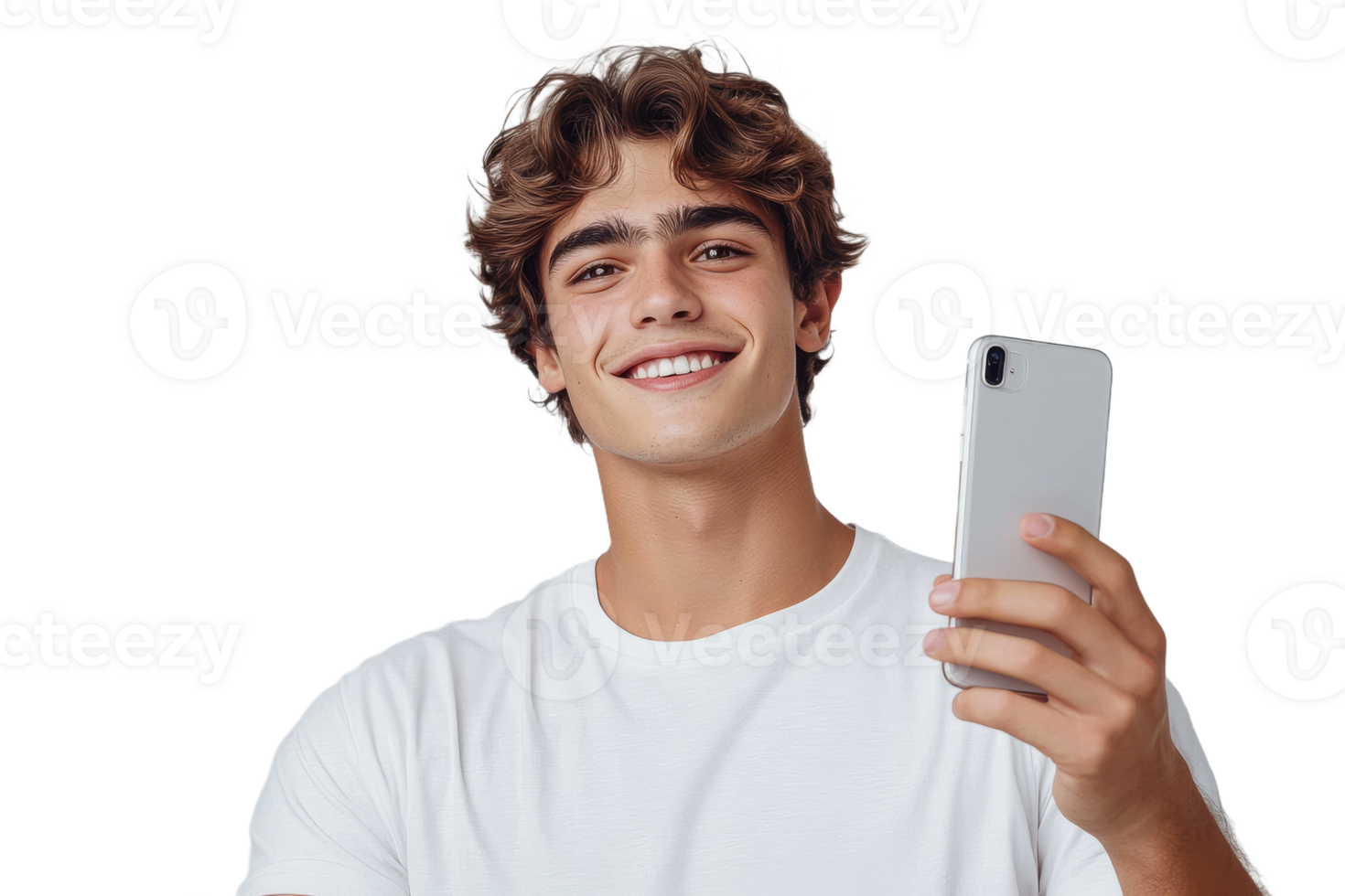 Young man smiling while holding smartphone in hand png