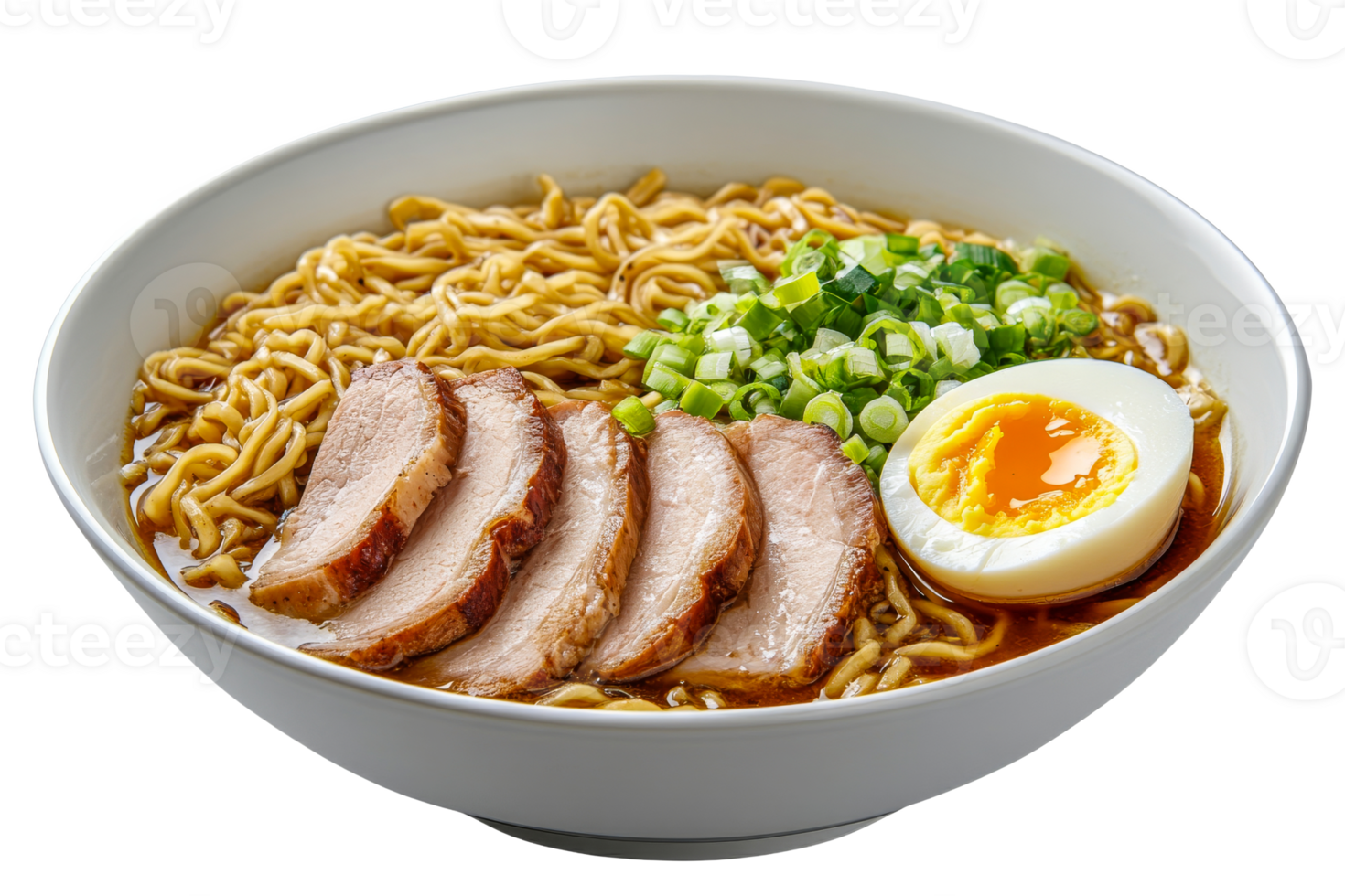 Delicious ramen bowl with pork and egg served png