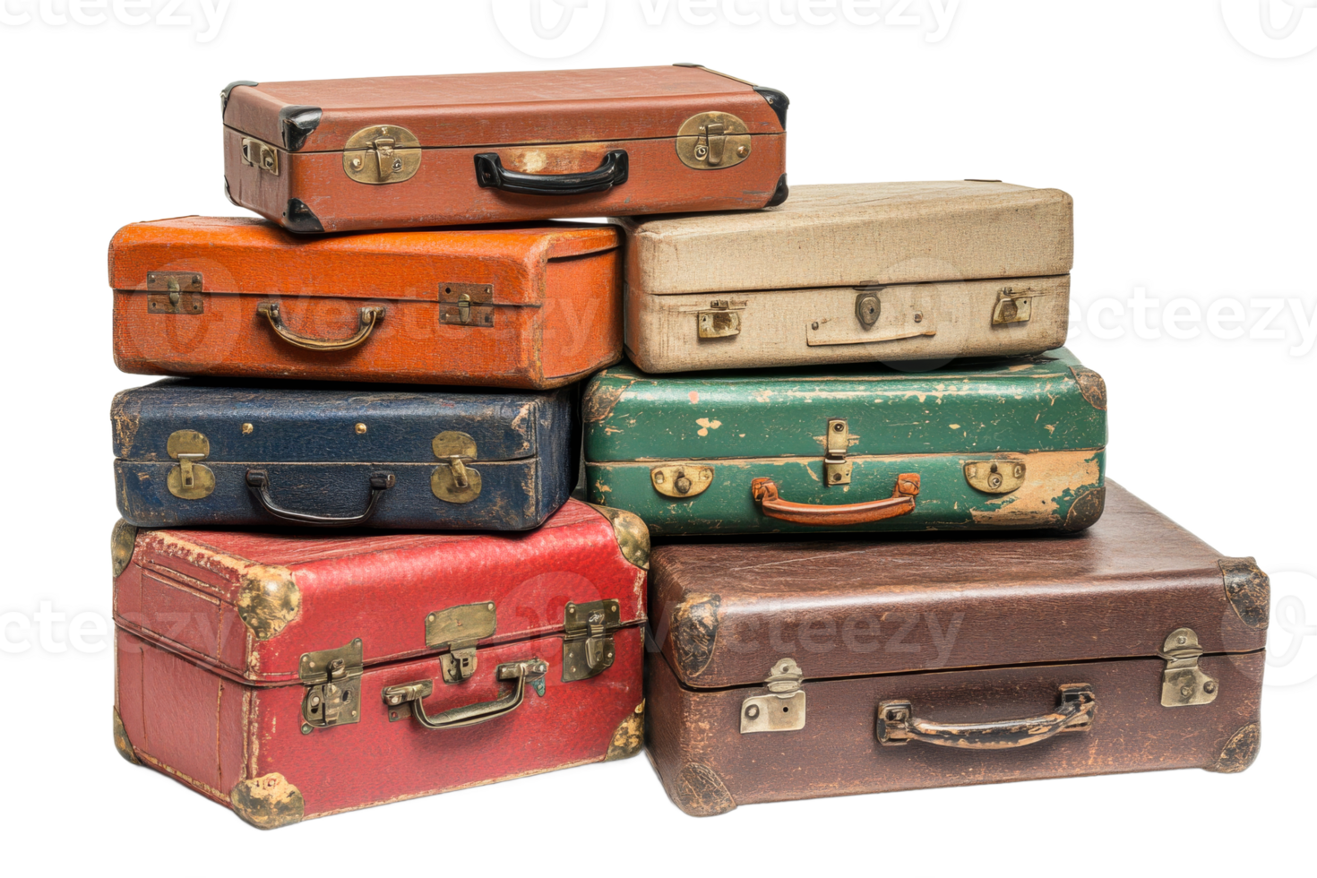 Vintage suitcases stacked for travel memories png