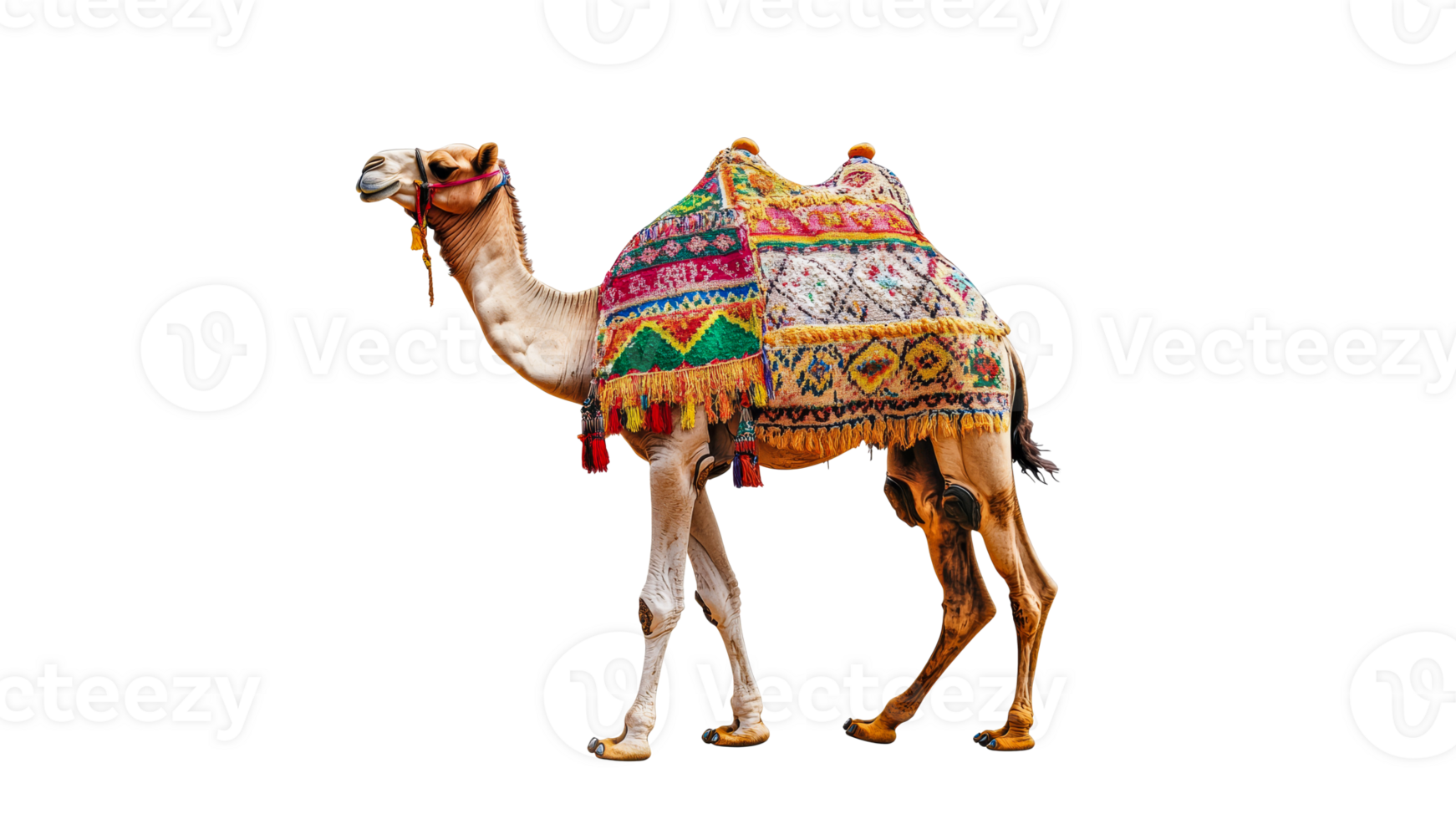Colorful camel adorned with traditional textiles png