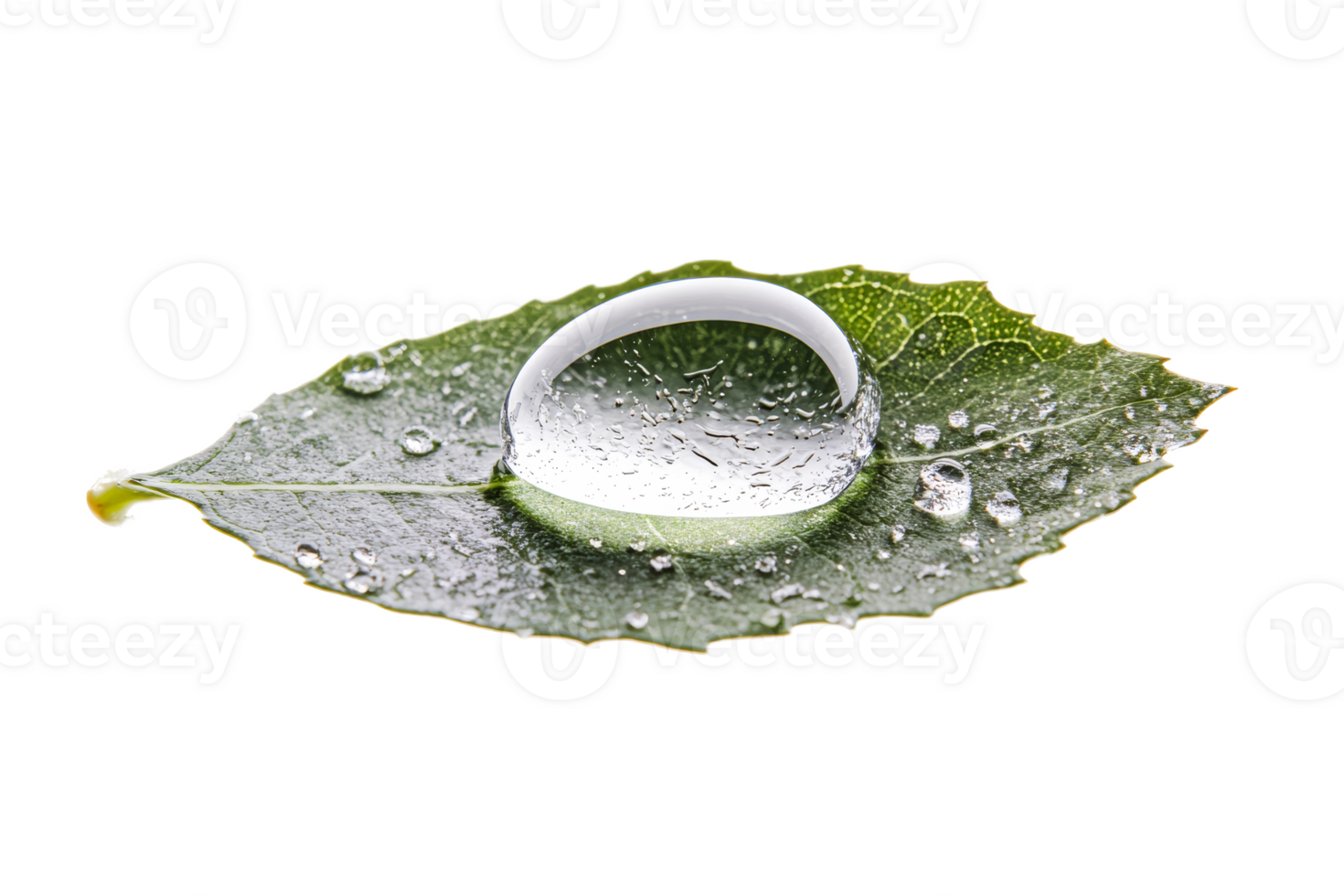 Water droplet rests on green leaf surface png