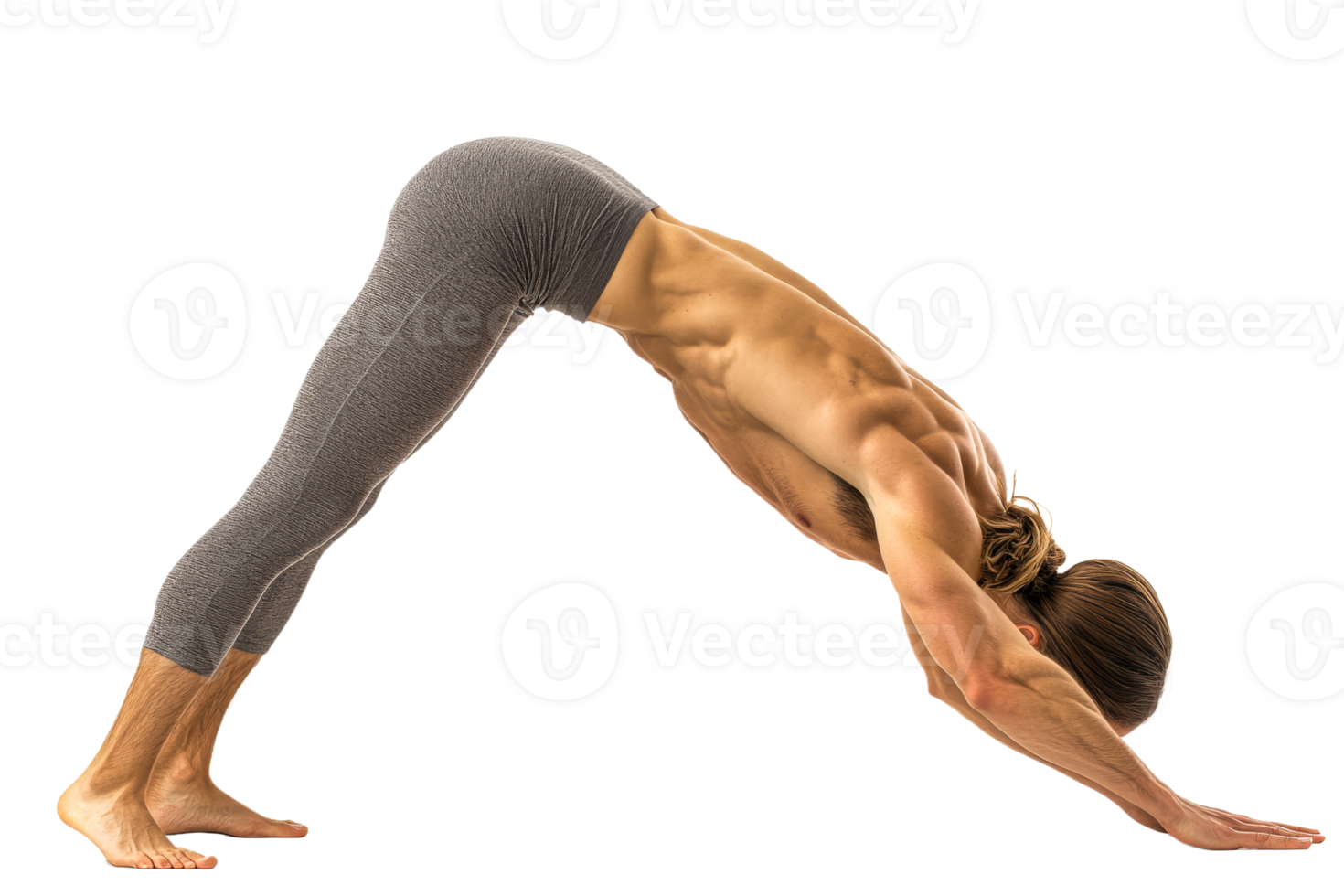 Man practicing yoga in downward dog pose indoors png