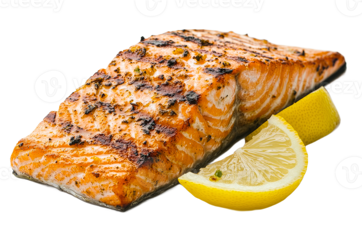 Grilled salmon fillet served with lemon wedges png