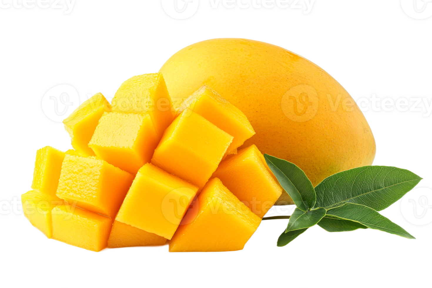 Diced mango with leaves on white png