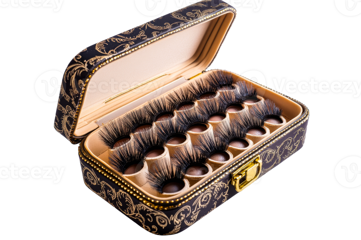 Elegant false lashes displayed in ornate case png