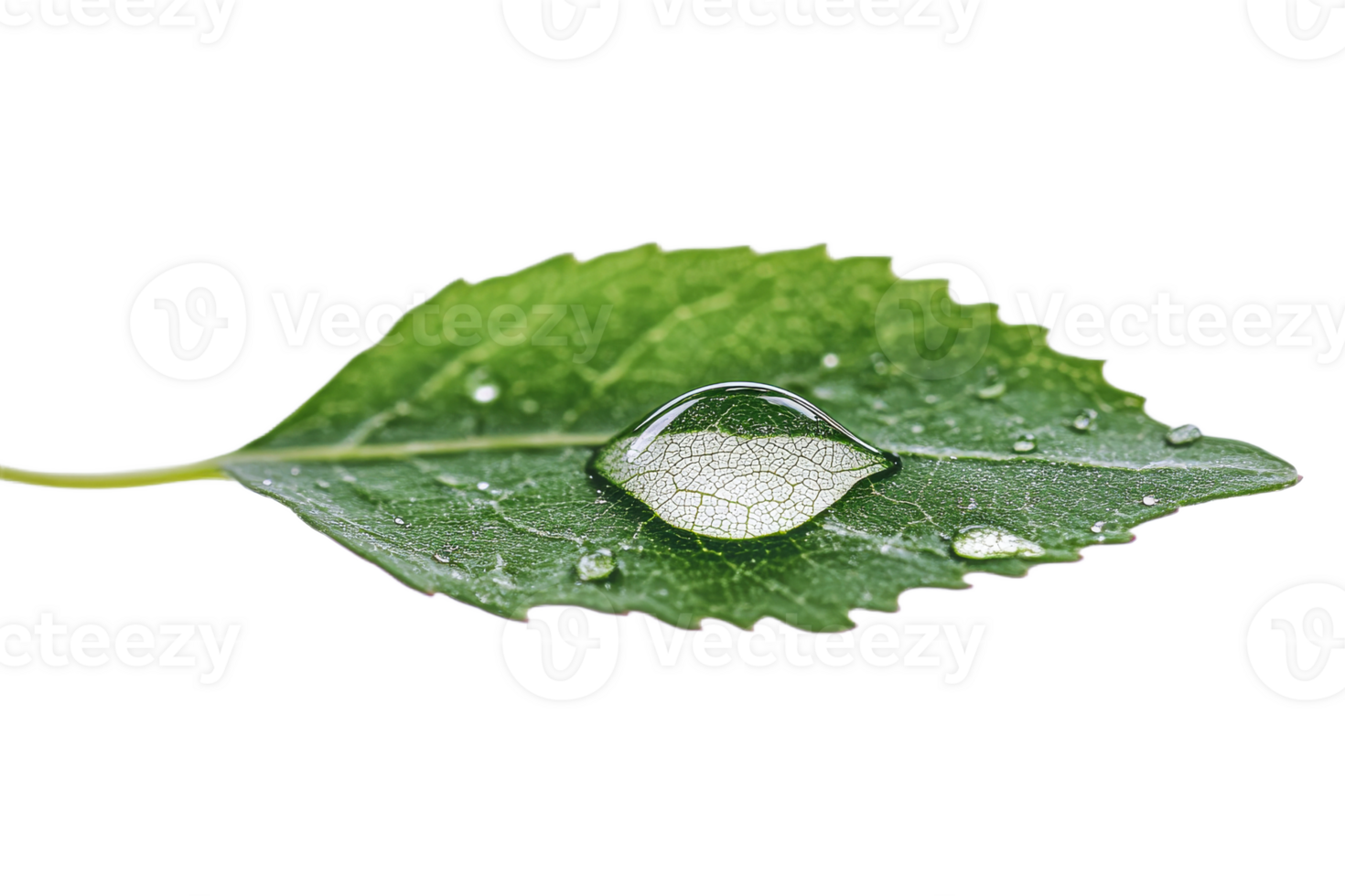 Water droplet resting on a green leaf surface png