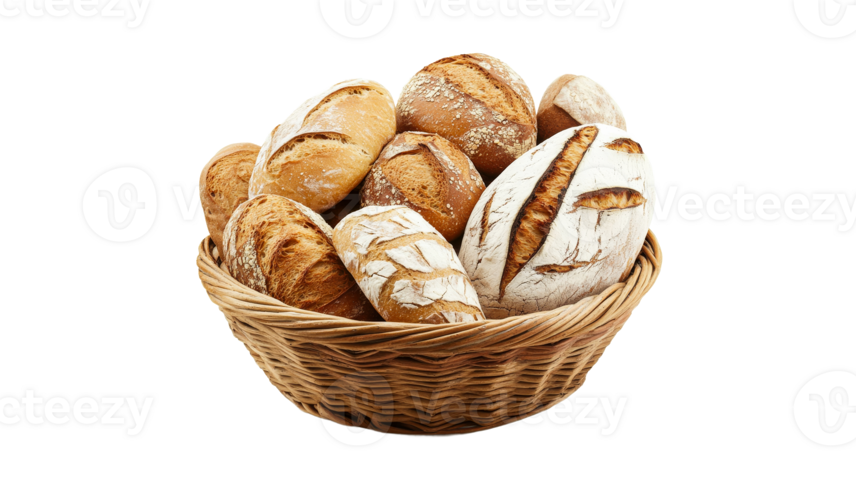 Freshly baked bread rolls in a wicker basket png