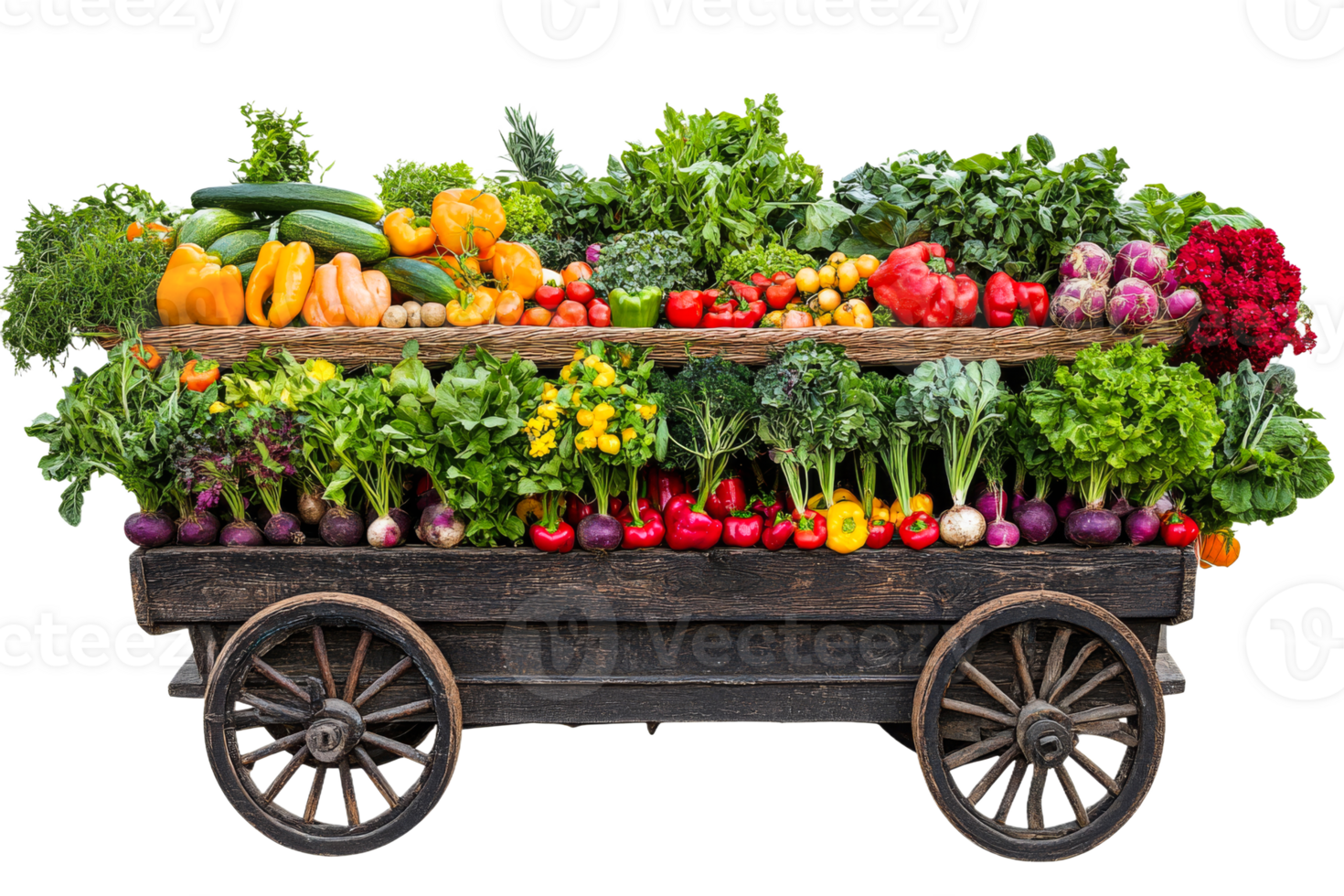 Fresh vegetables displayed on a rustic wooden cart png