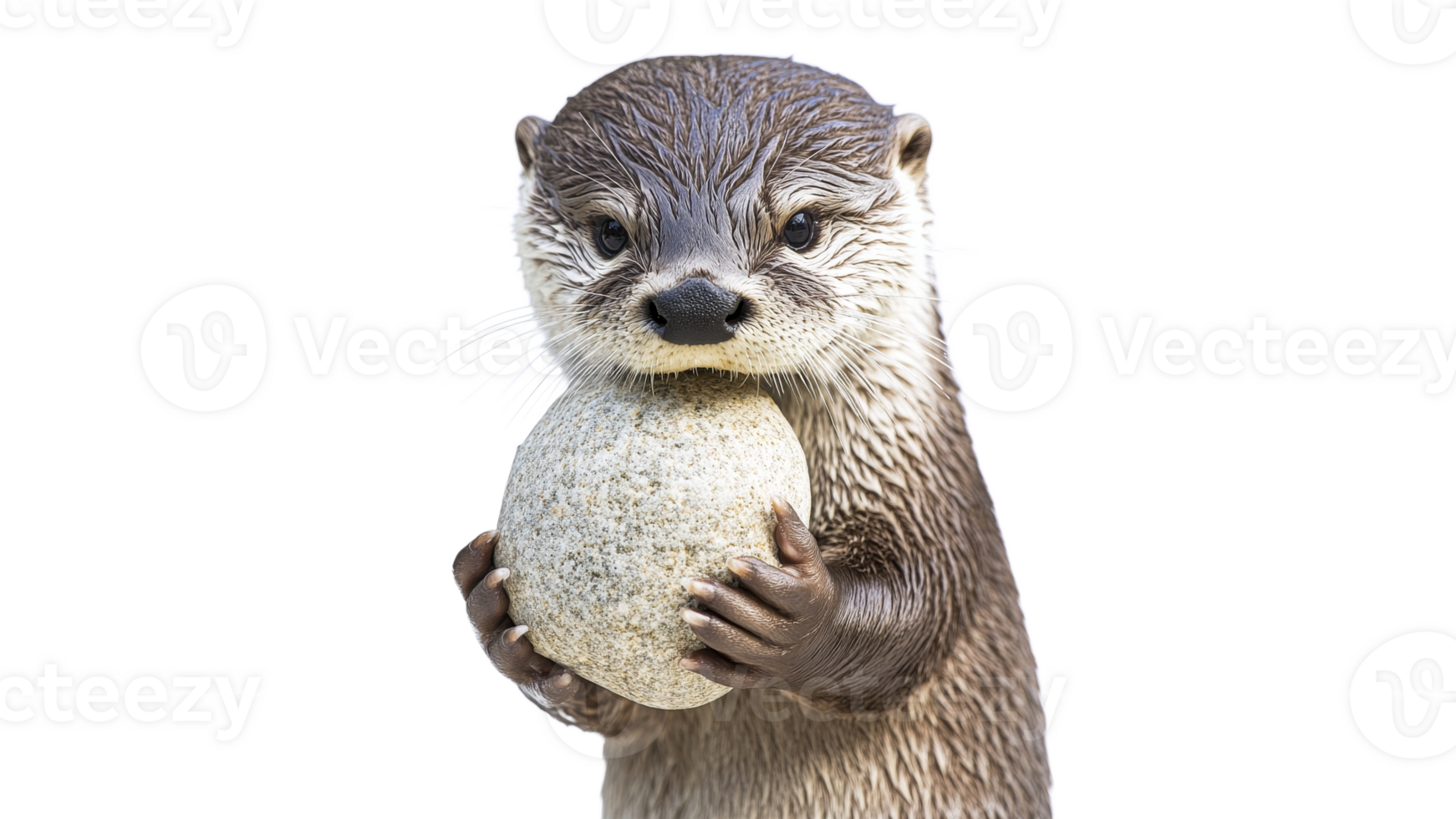 Cute otter holds stone while sitting upright png