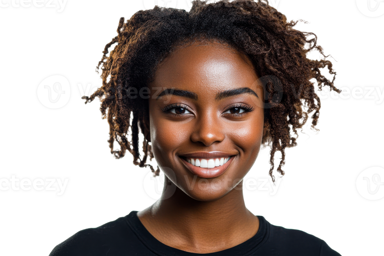 Woman with curls smiles on white backdrop png