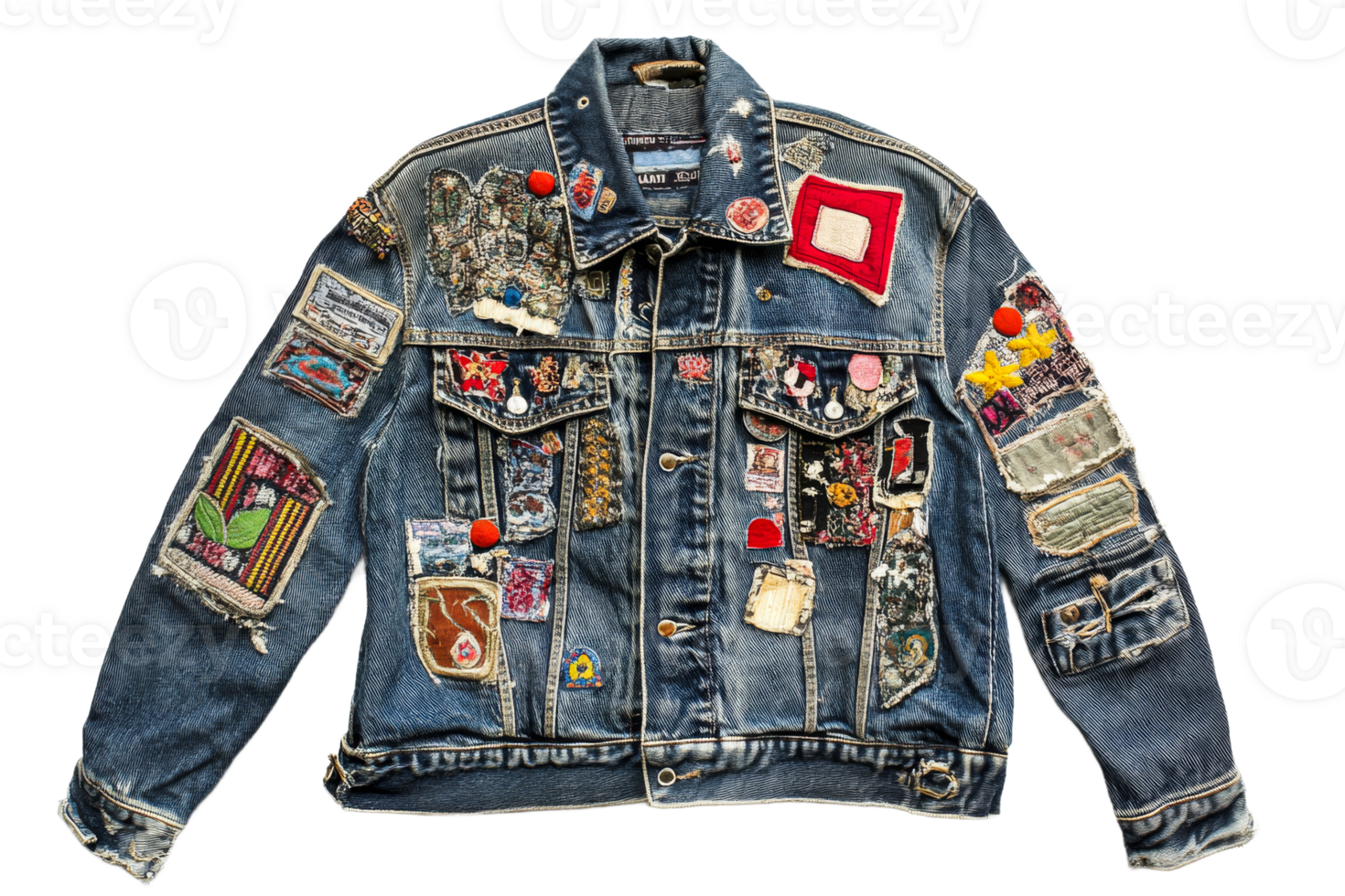 Stylish vintage denim jacket adorned with patches png