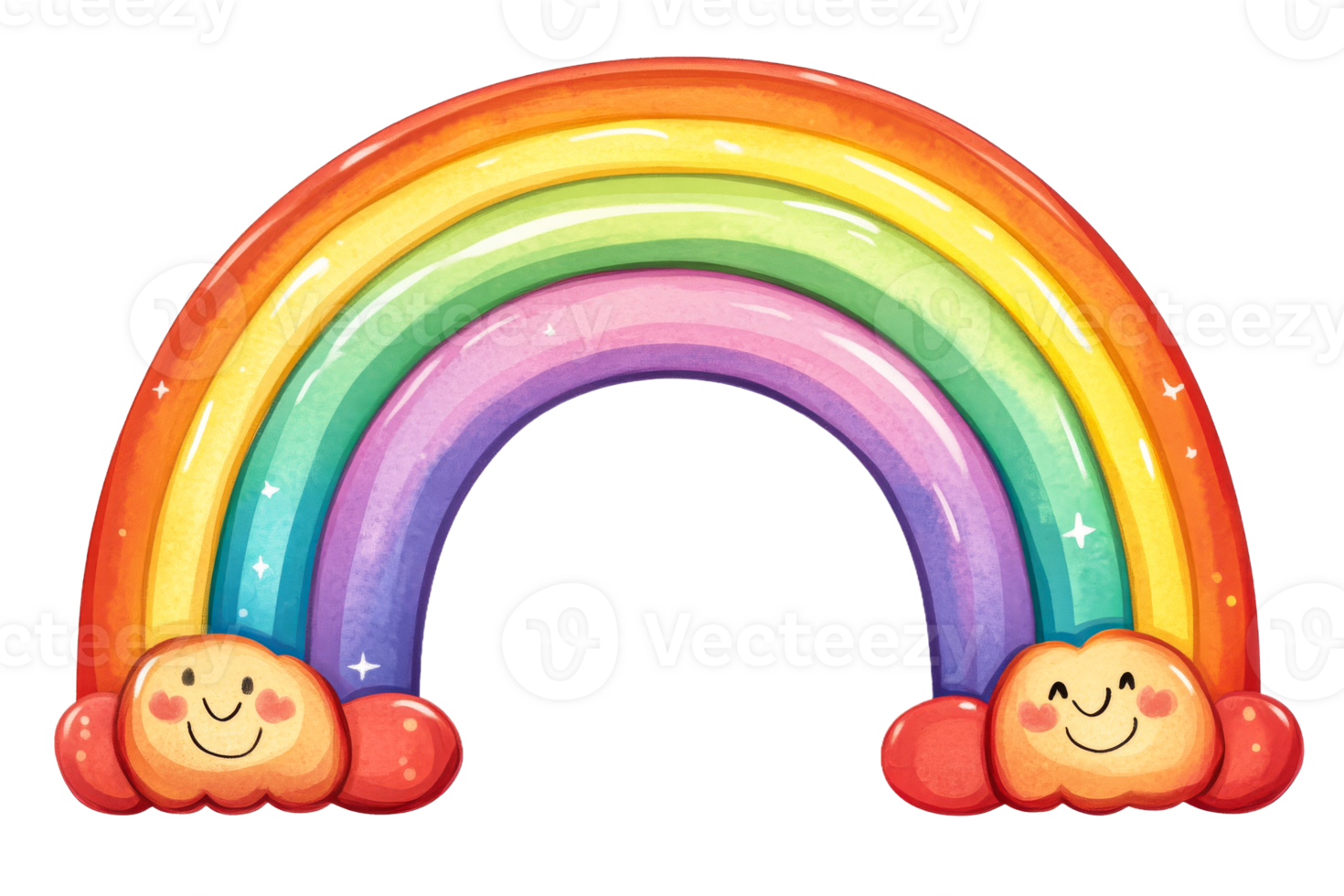 Colorful cartoon rainbow with smiling clouds png