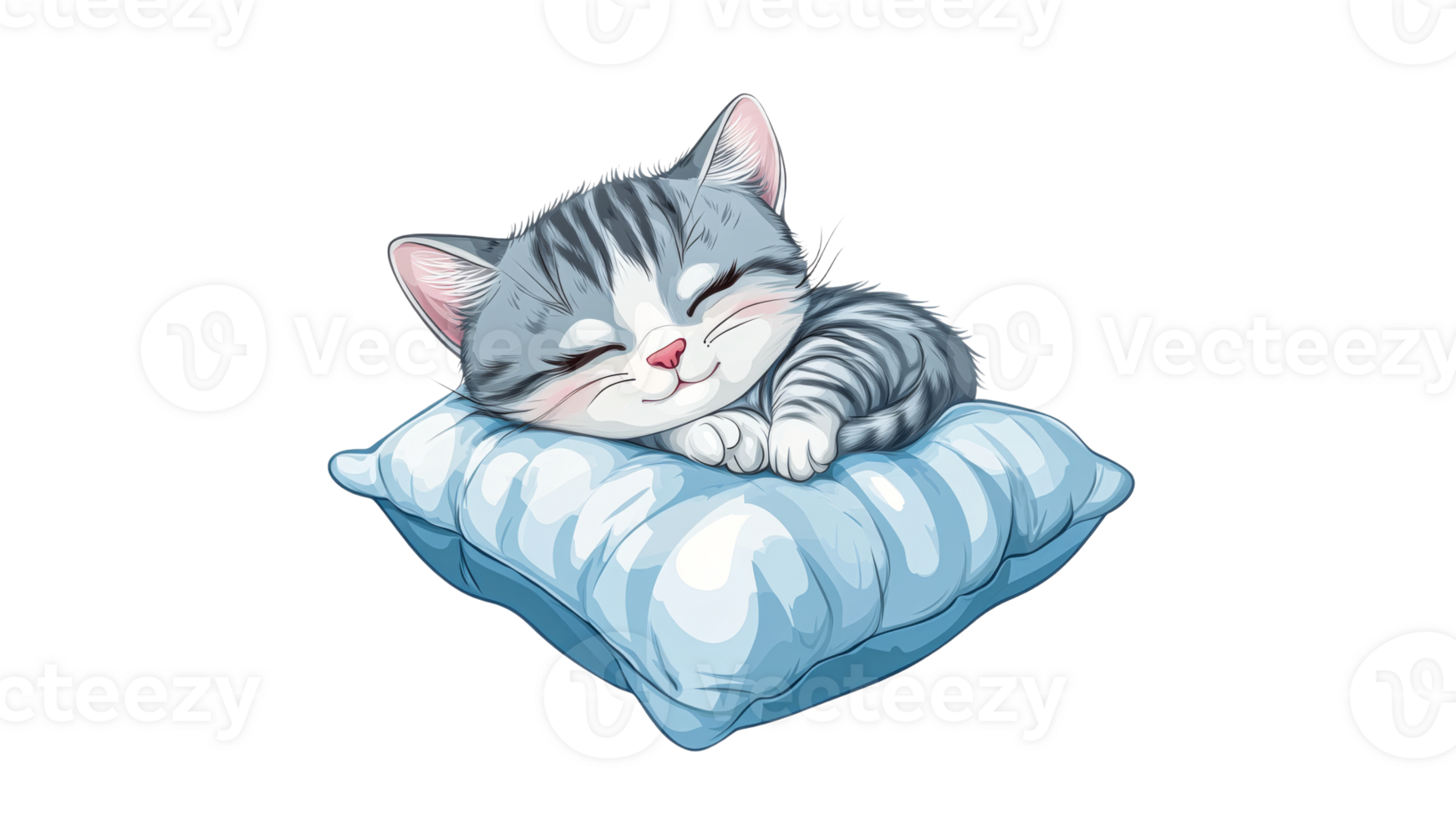 Cute kitten resting on a soft blue pillow png