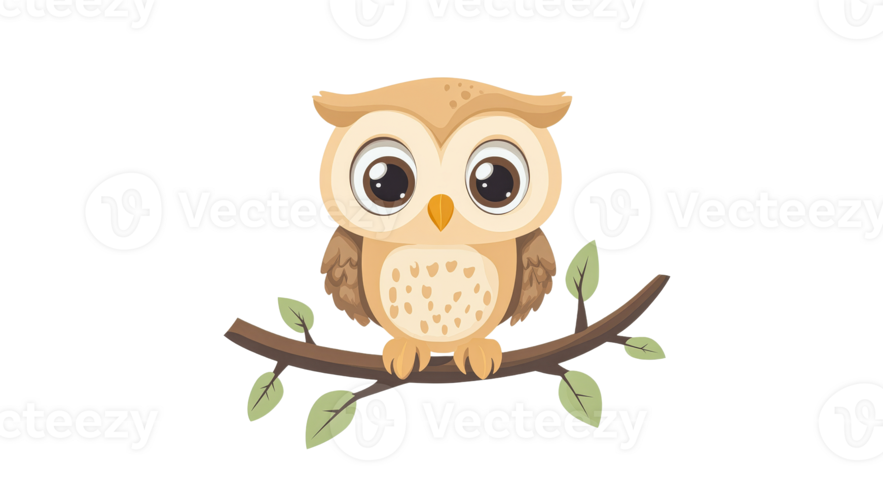 Cute cartoon owl perched on a branch with leaves png