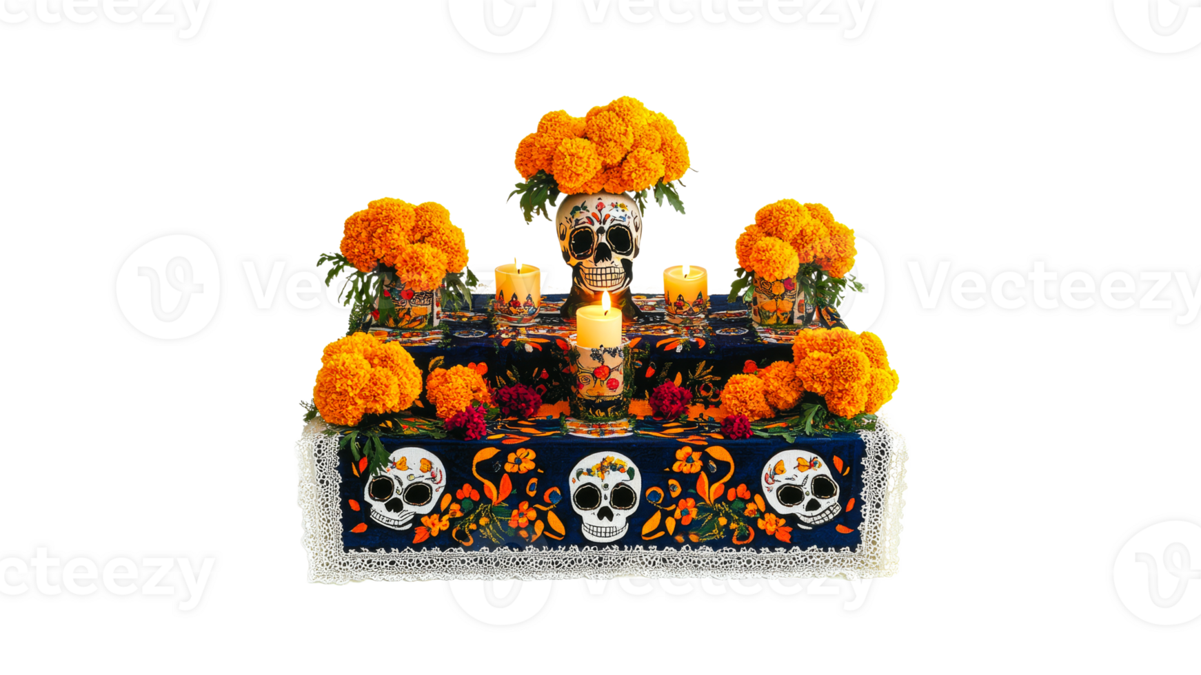 Colorful marigolds and candles altar png
