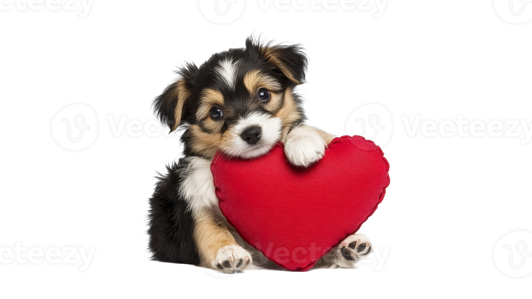 Cute puppy with red heart toy in studio setting png