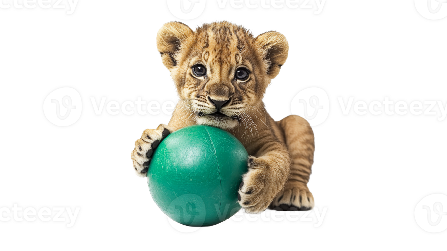 Cute lion cub playing with green ball in studio png