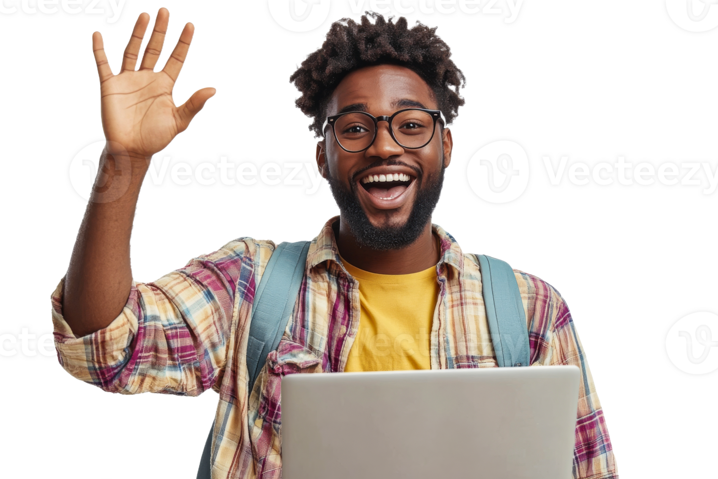 Happy young man waving while using laptop png