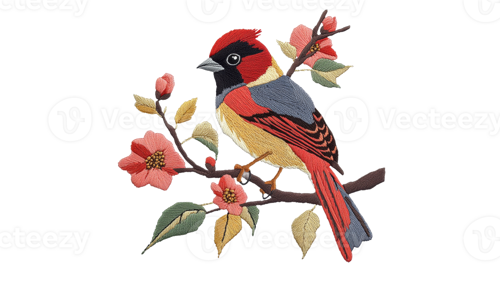 Colorful bird perched on a branch with flowers png
