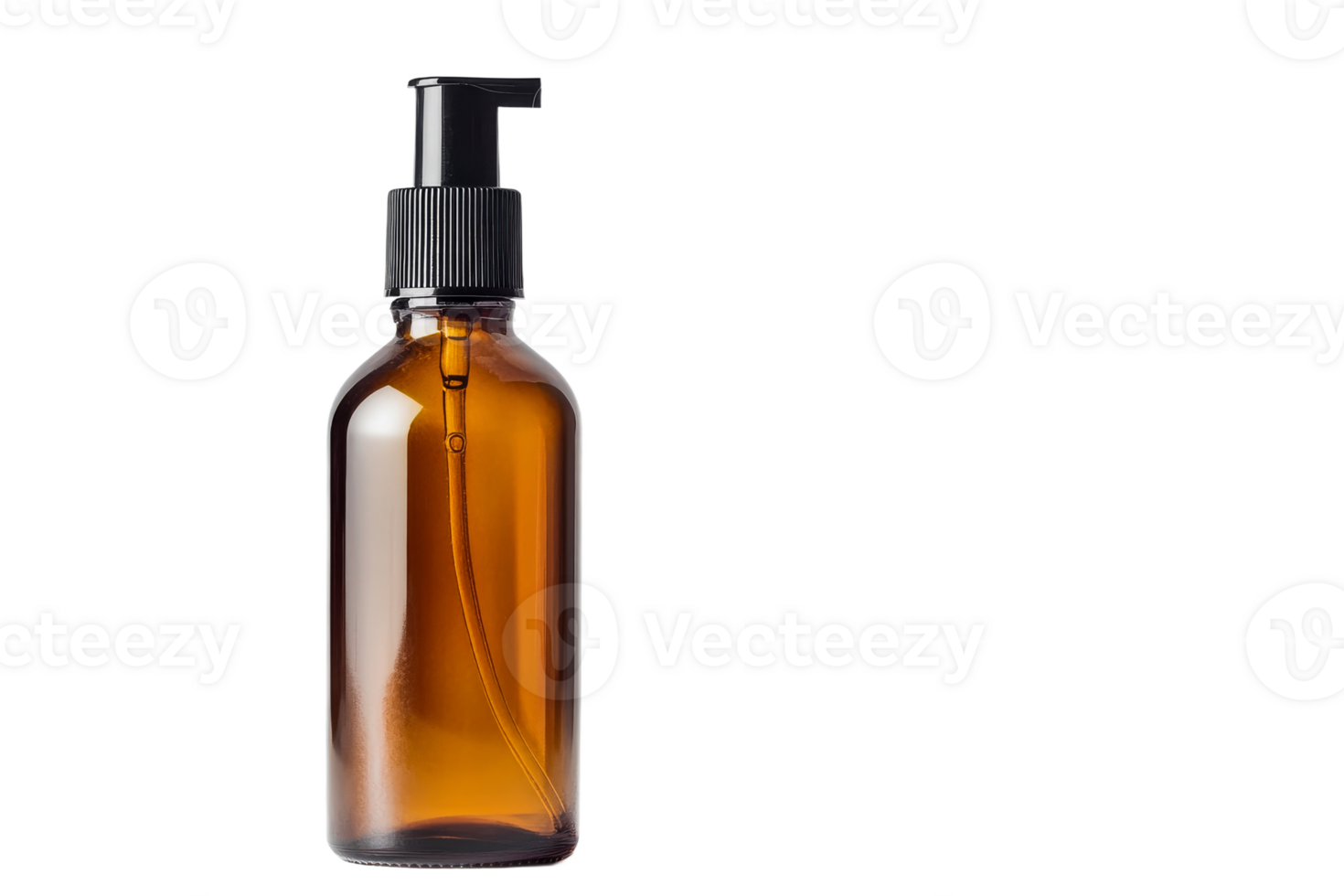 Elegant amber glass bottle with pump dispenser png
