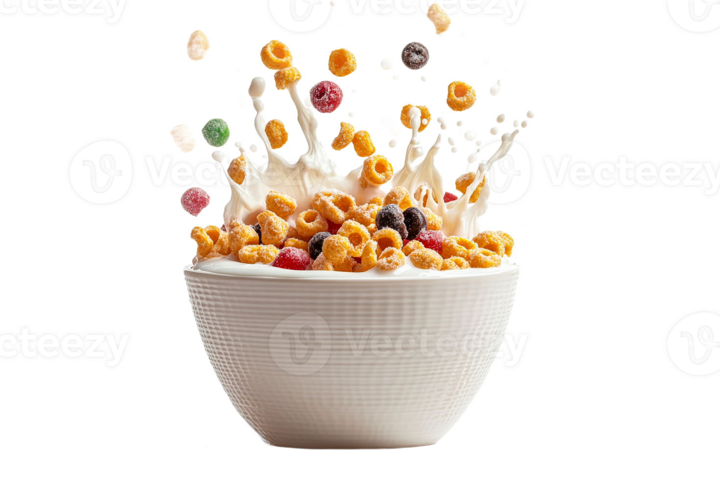 Breakfast cereal splashing in white bowl with milk png