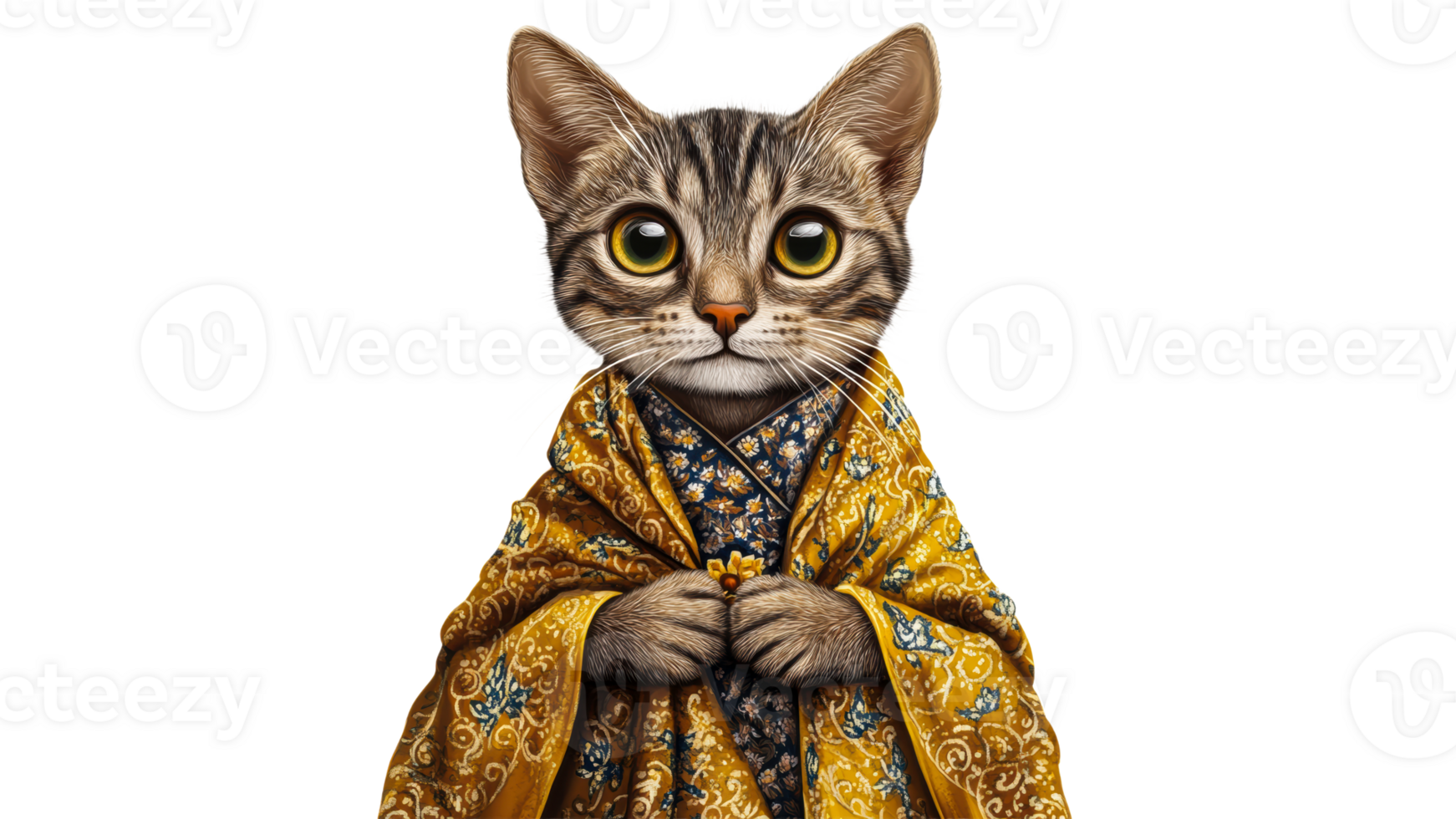 Cat wearing ornate robe in artistic display png