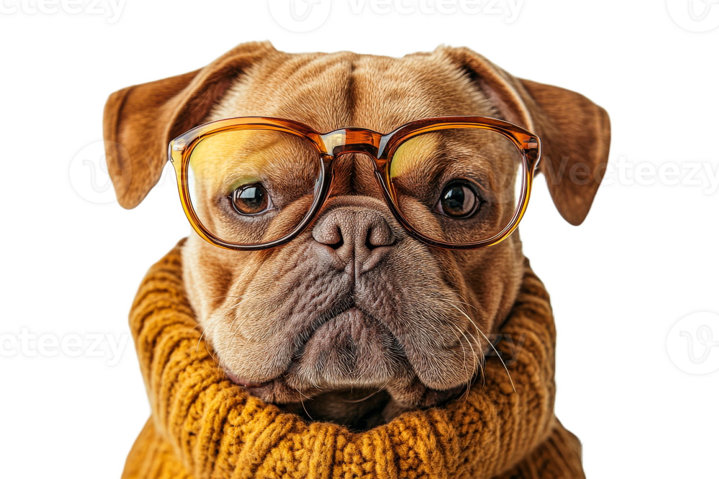 Dog wears glasses and sweater in playful pose png