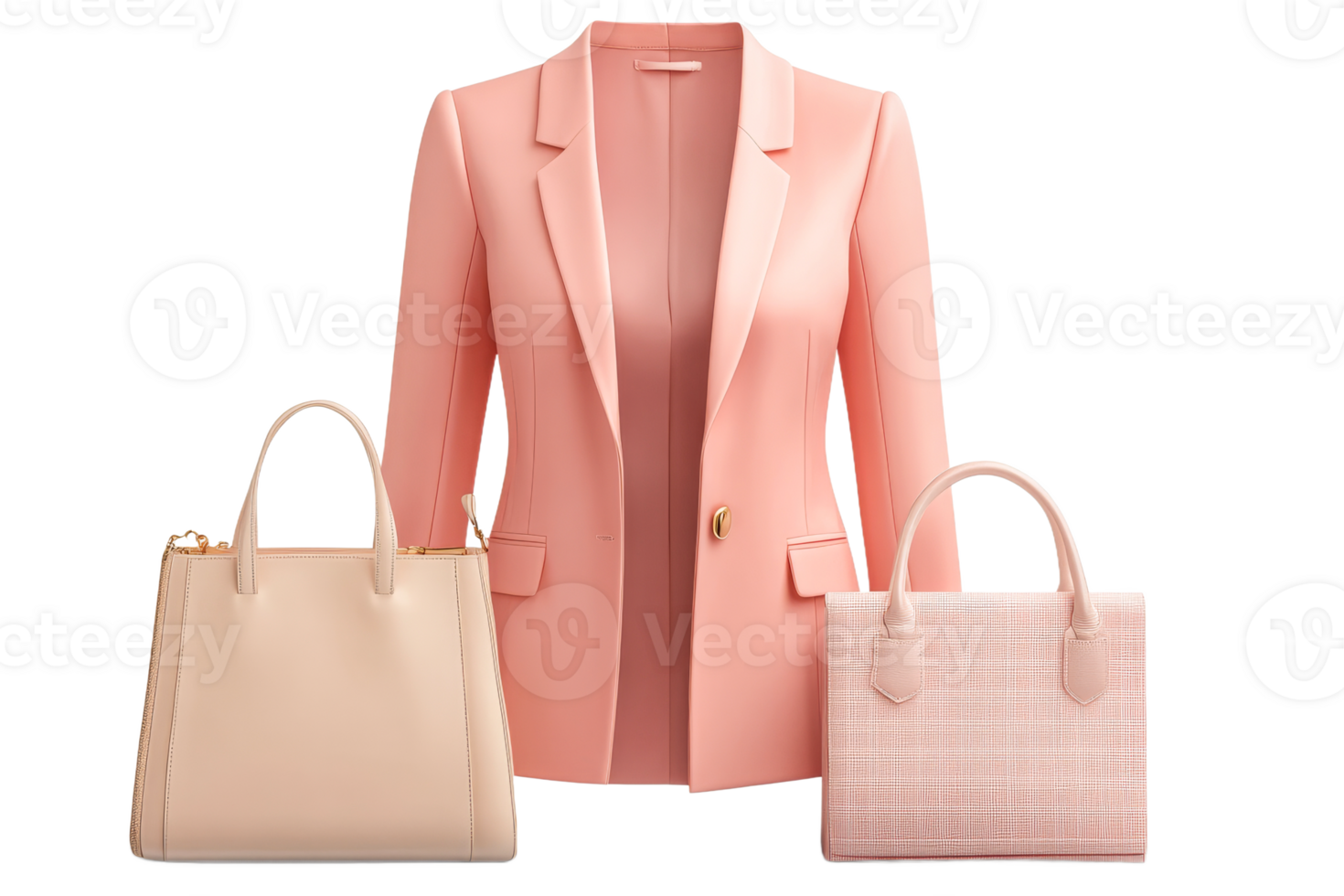 Elegant pink blazer paired with stylish handbags png