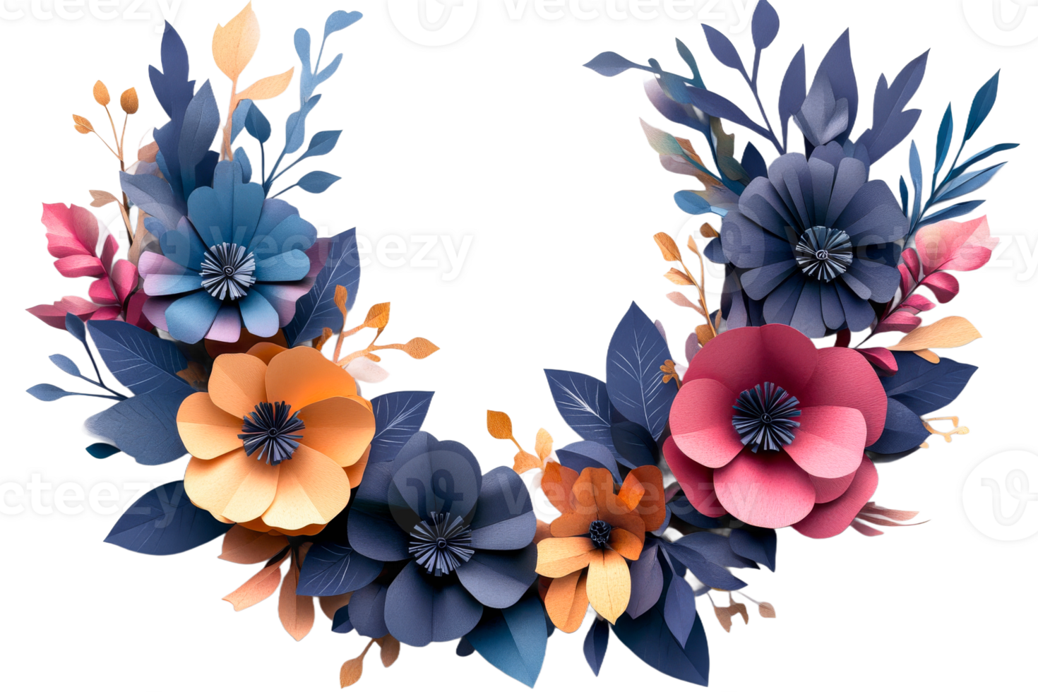 Colorful paper flower and leaf arrangement png