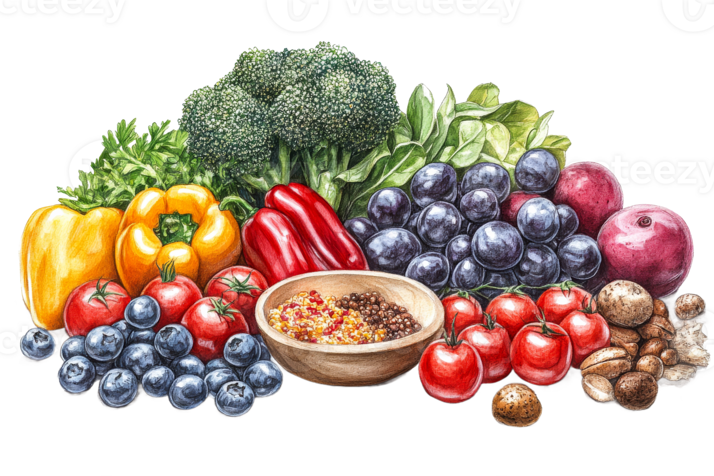 Fresh veggies and fruits on display png