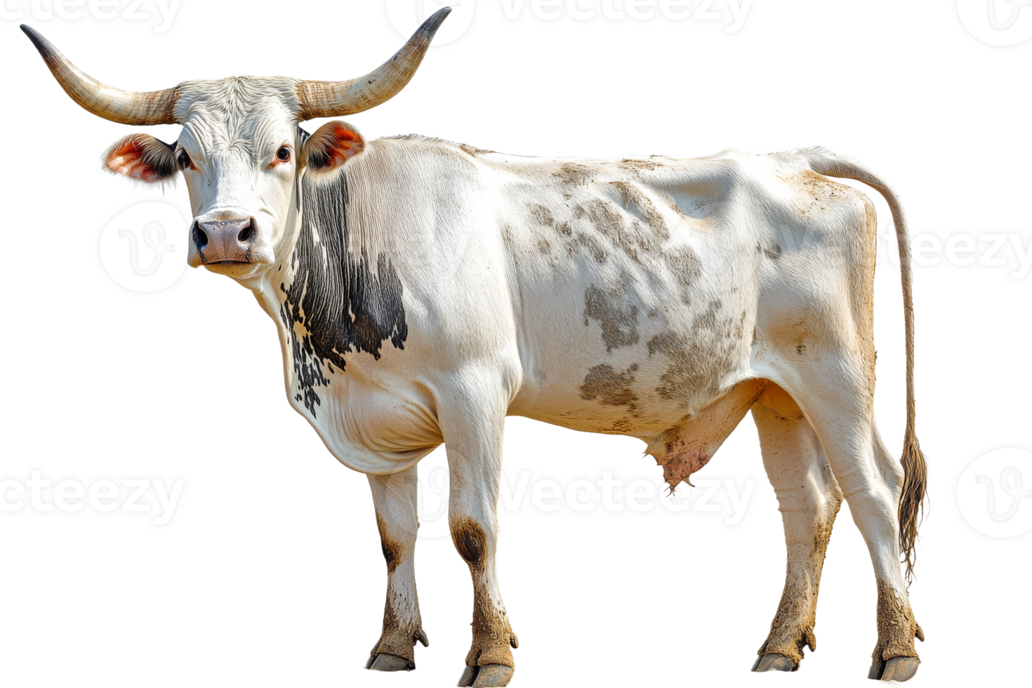 White and brown cow standing in a sunny field png