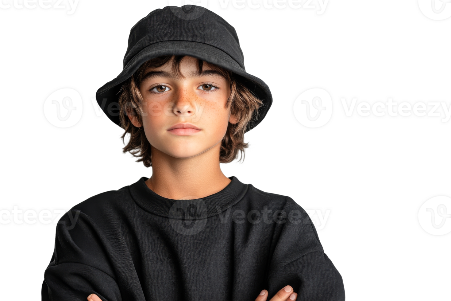 Confident boy in black attire and hat png