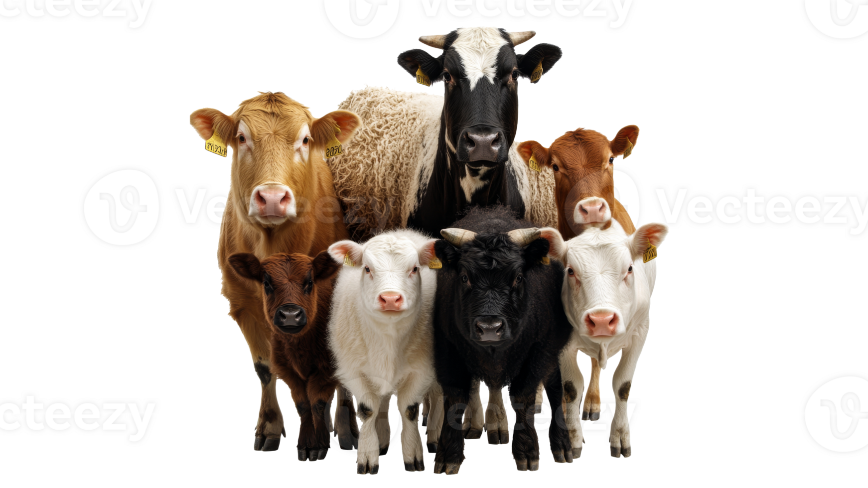 Cattle gathered together in a farm setting png
