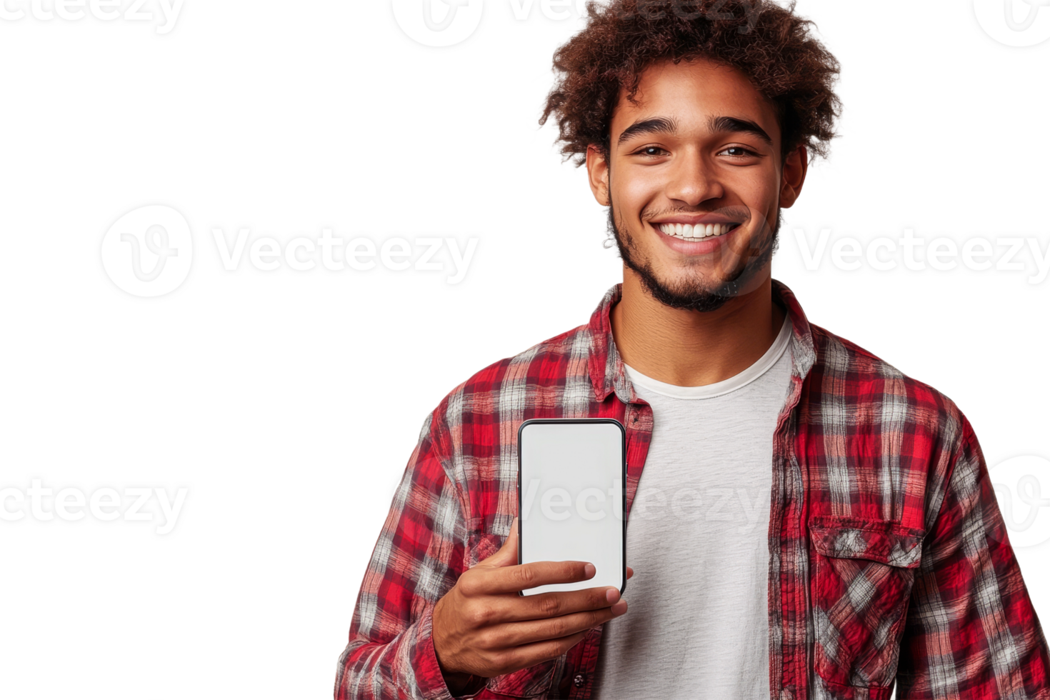 Young man smiling while holding a smartphone png