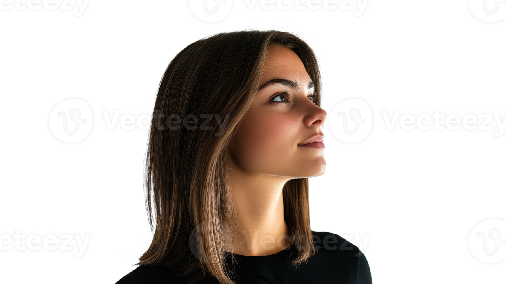Young woman gazing upward with a serene expression png