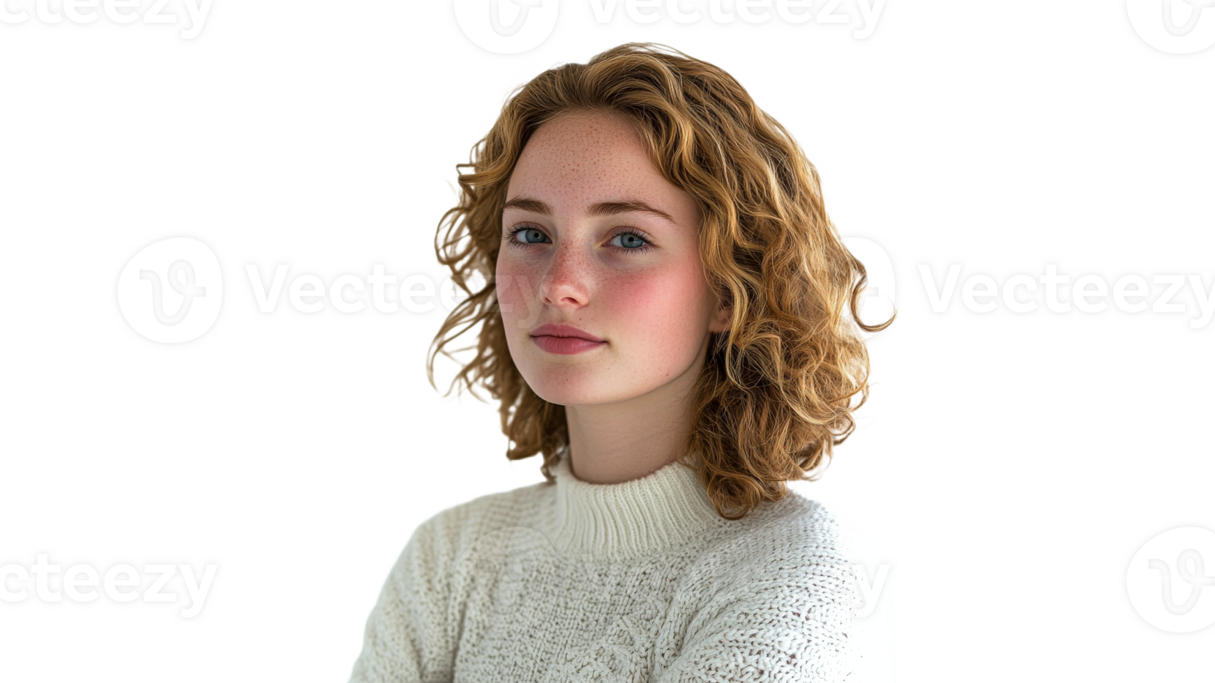 Young woman with curly hair in a cozy sweater png