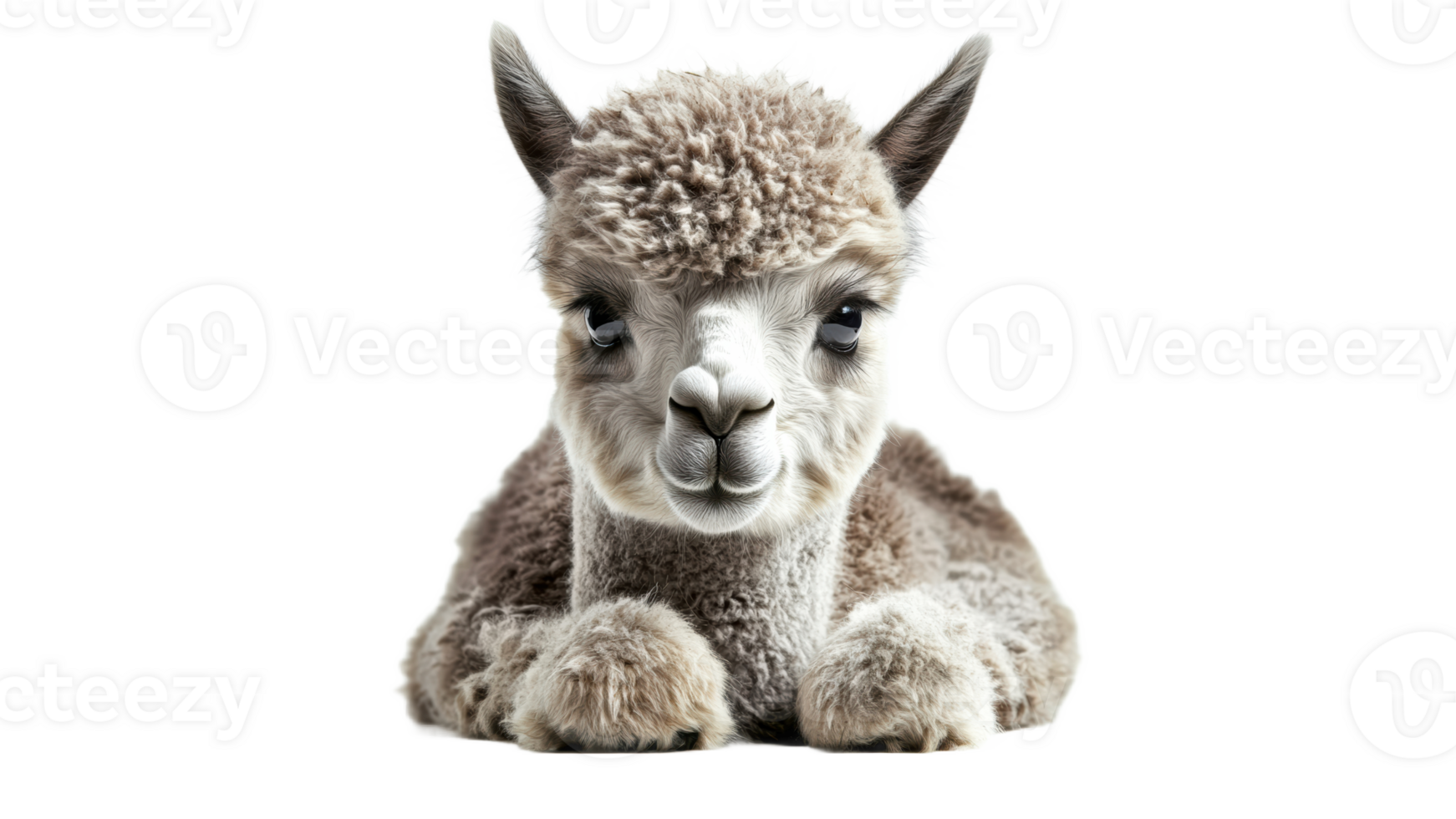 Cute baby llama lying down in a bright setting png