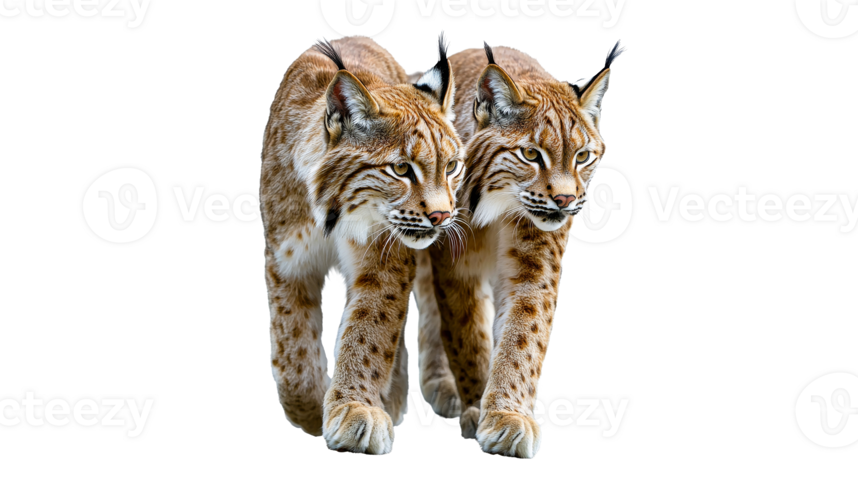 Two lynxes walking side by side in nature png
