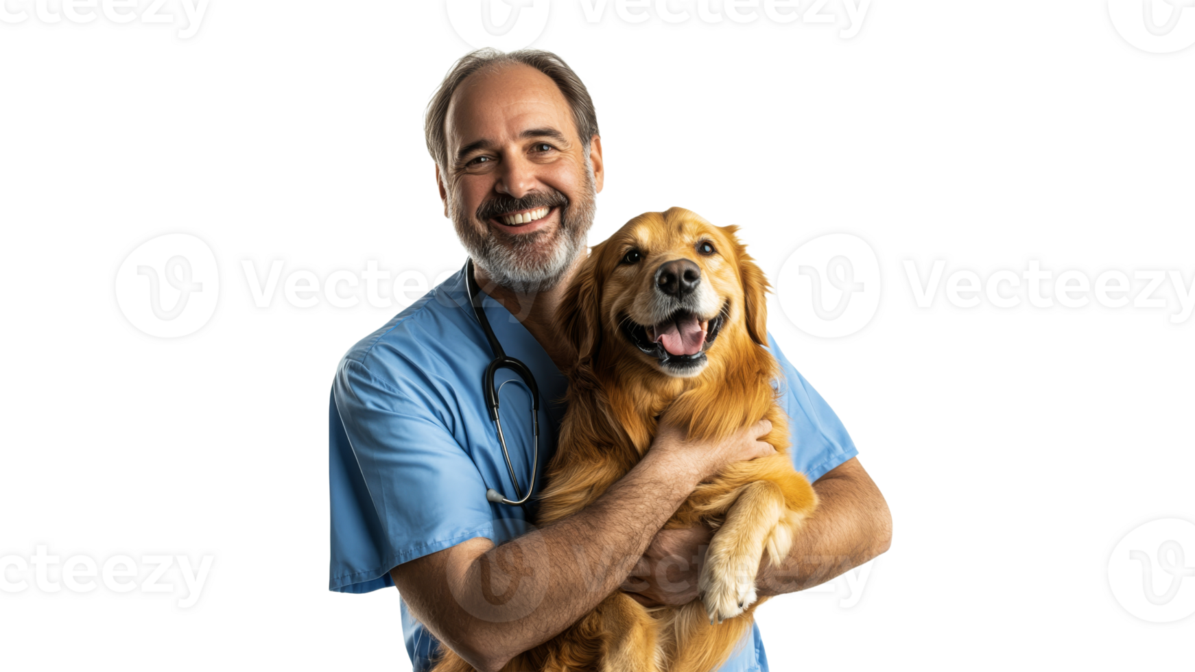 Veterinarian joyfully holds golden retriever dog png