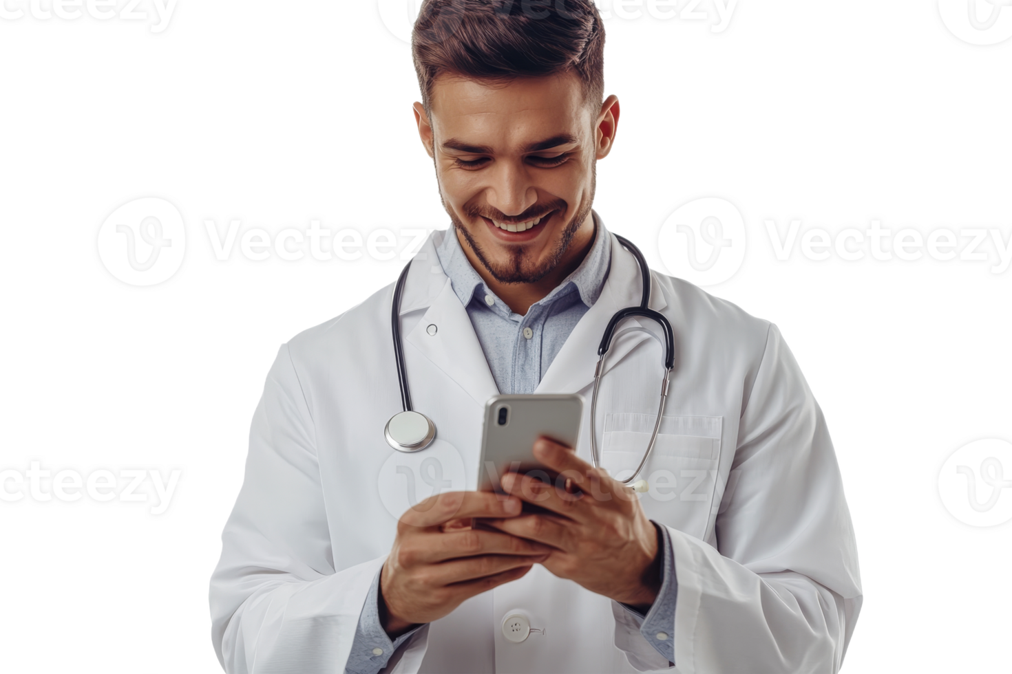 Doctor smiling while using mobile phone for work png