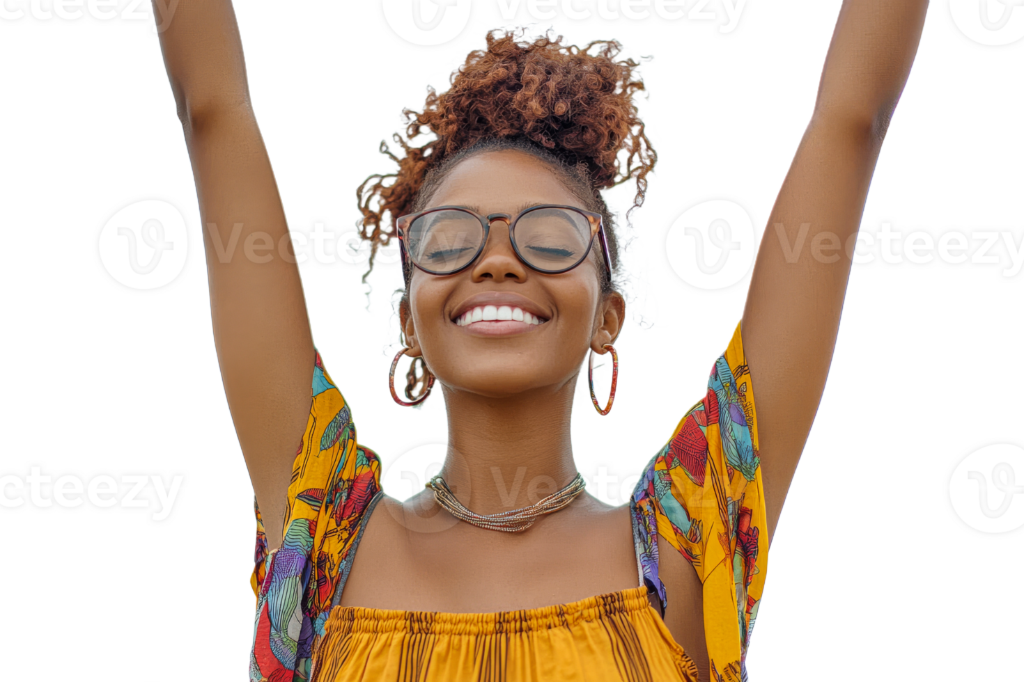 Joyful woman celebrates with arms raised outdoors png